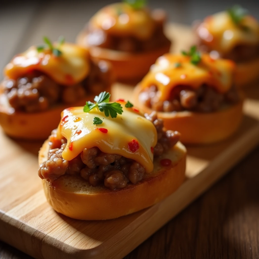 Juicy hanky panky appetizers with melted cheese on cocktail rye bread.