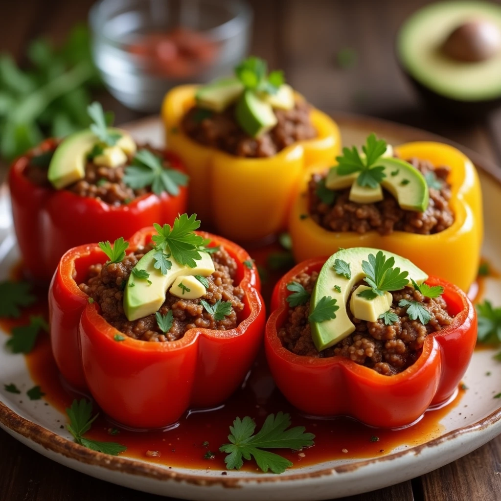 A colorful keto-friendly dish featuring beef mince stuffed bell peppers, garnished with fresh parsley and avocado, perfect for easy, healthy meals at home.