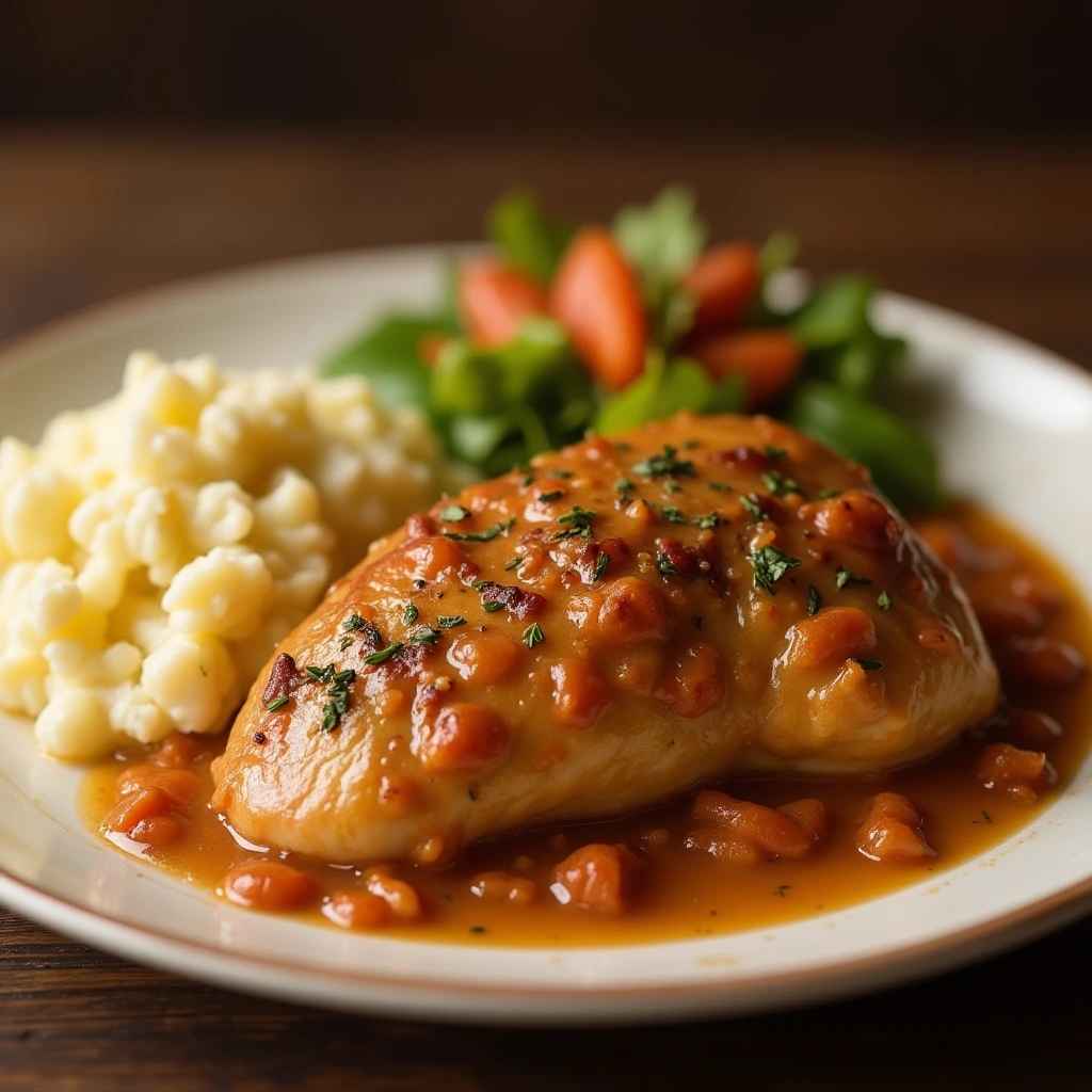 Mississippi Chicken served with buttery sauce and a side of mashed potatoes.