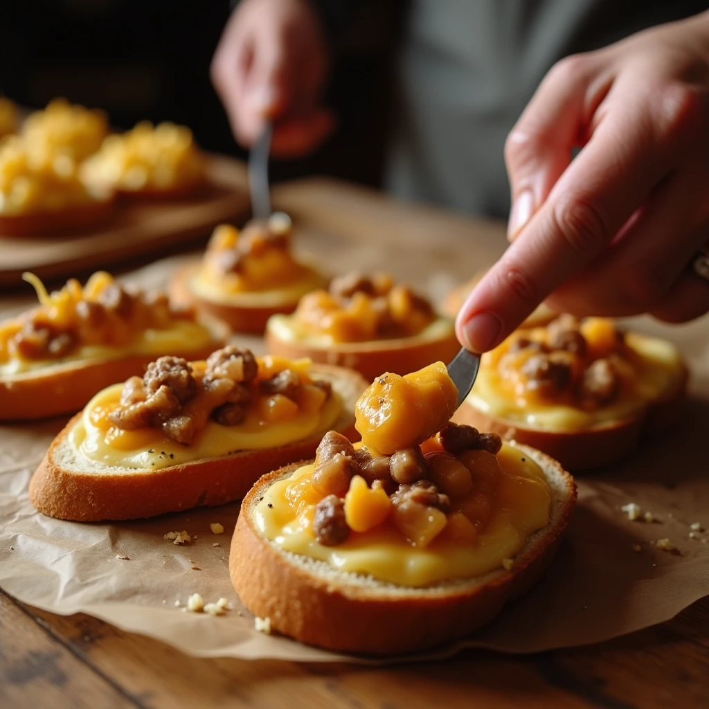Assembling Hanky Panky appetizers with sausage and cheese mixture on rye bread.