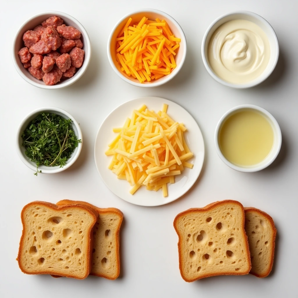 Ingredients for Hanky Panky appetizers—sausage, cheese, mayonnaise, and rye bread.