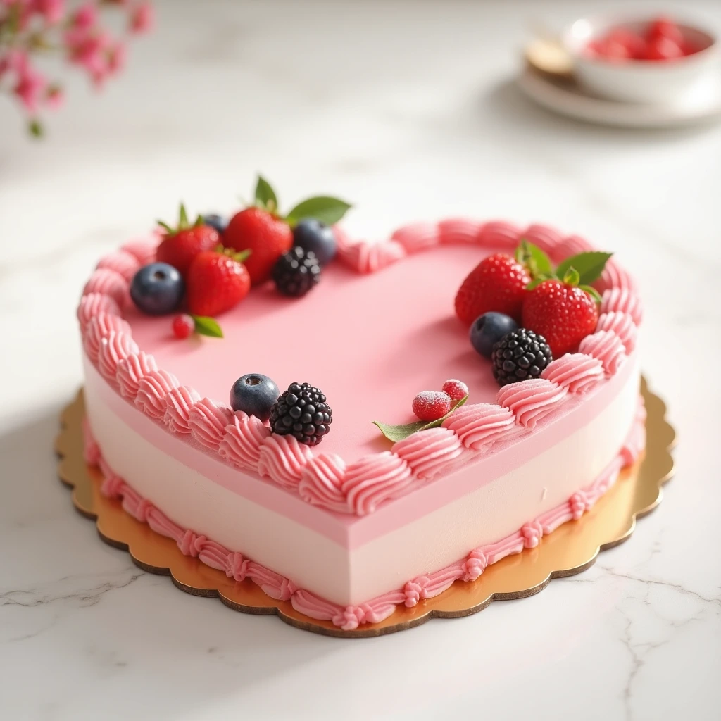 Homemade heart-shaped cake made without a mold, decorated with pink frosting and berries on a white cake stand