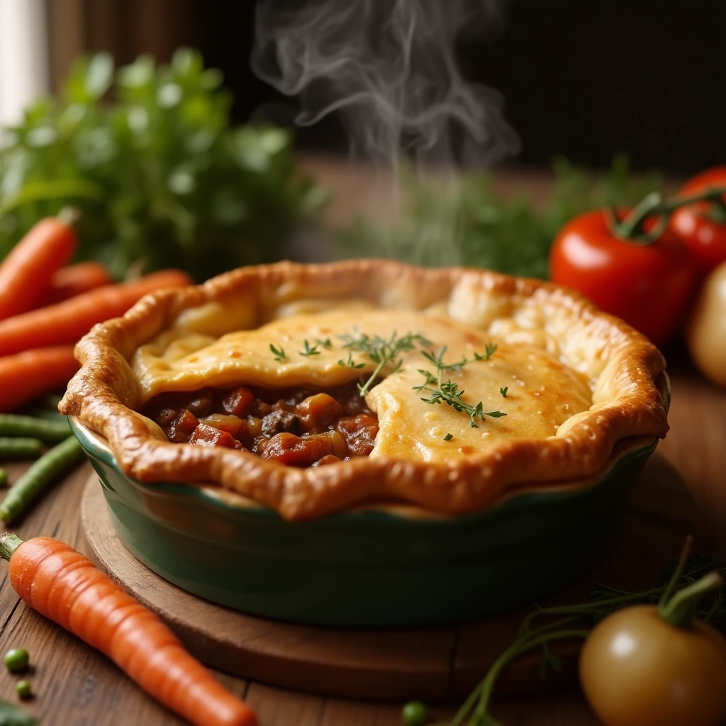 Homemade beef pot pie with golden flaky crust and fresh vegetables