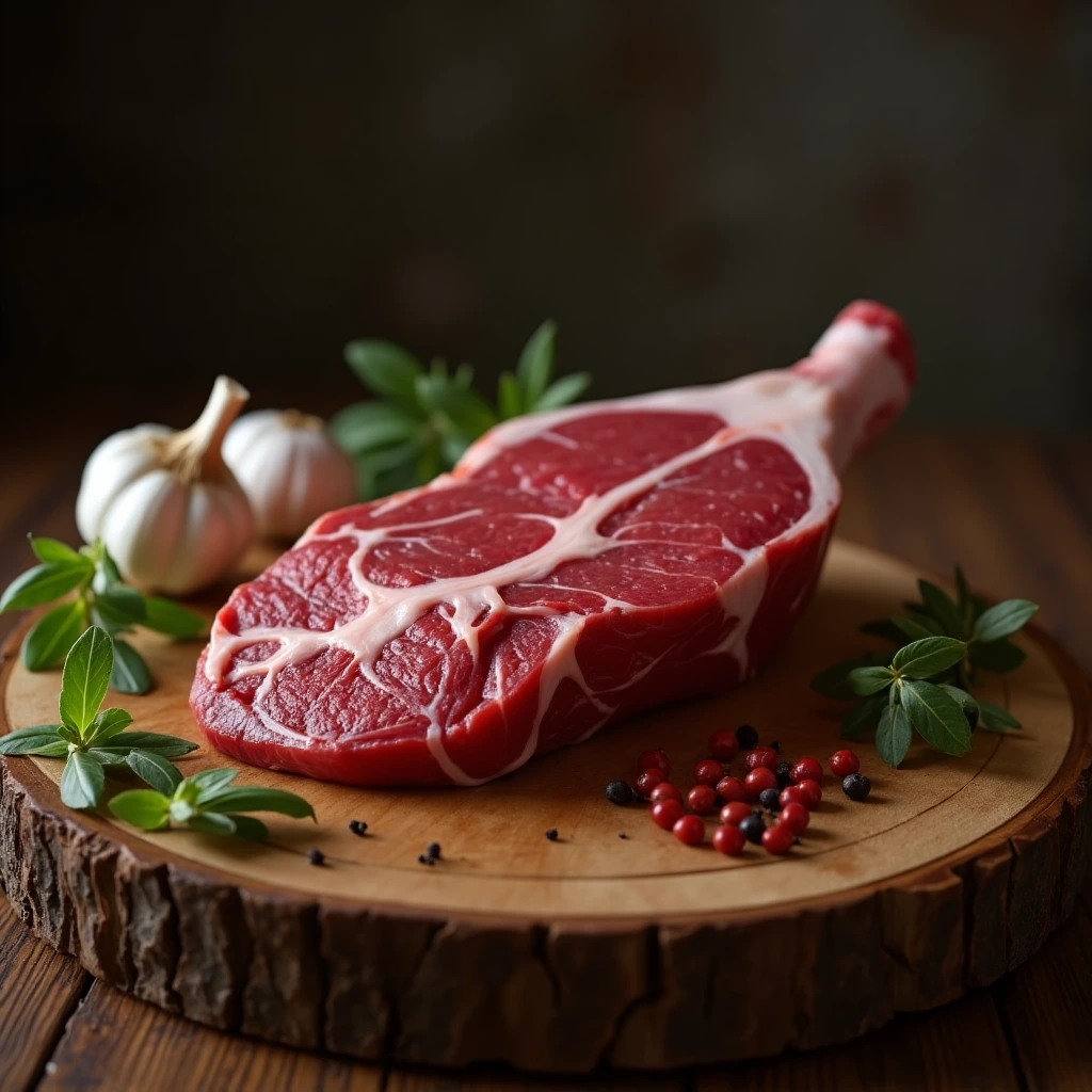  Raw beef shank on a wooden board with herbs and spices