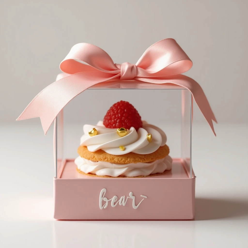 A gift box with a mini cake tied with a ribbon and name tag.