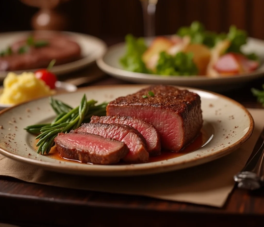 Shaved beef served with mashed potatoes and grilled vegetables on a cozy dining table