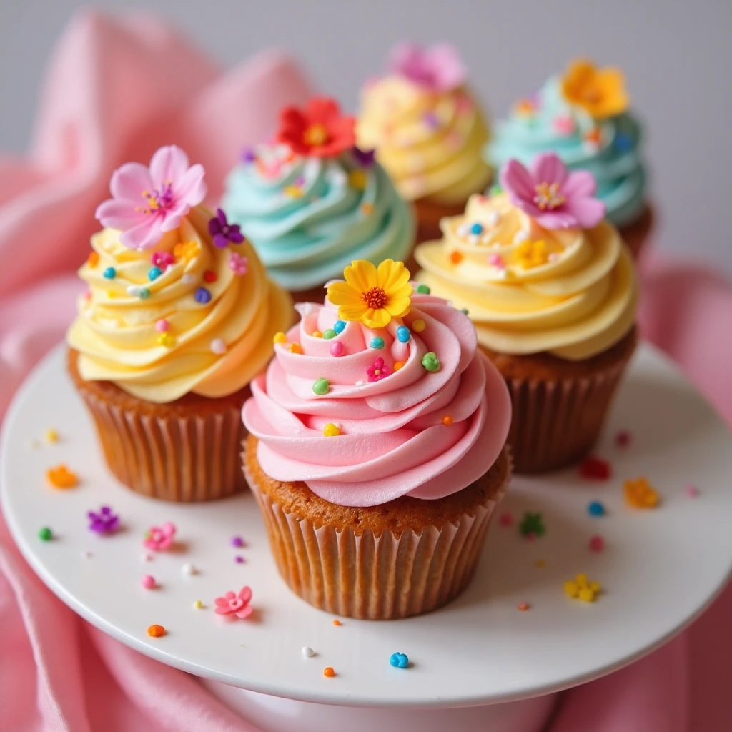 Mini cakes decorated with buttercream, sprinkles, and piping.