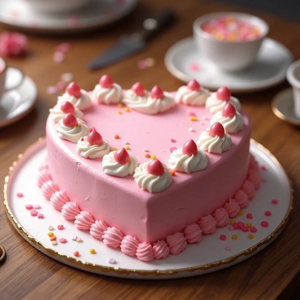 Heart-shaped cake decorated with pink buttercream and colorful sprinkles, made by a beginner.