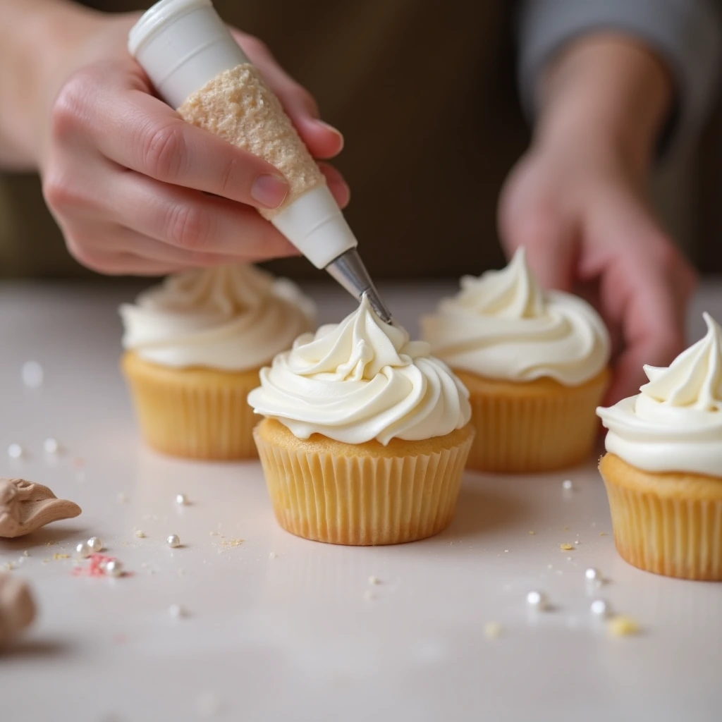 Decorating mini cakes with buttercream frosting and fondant toppers.