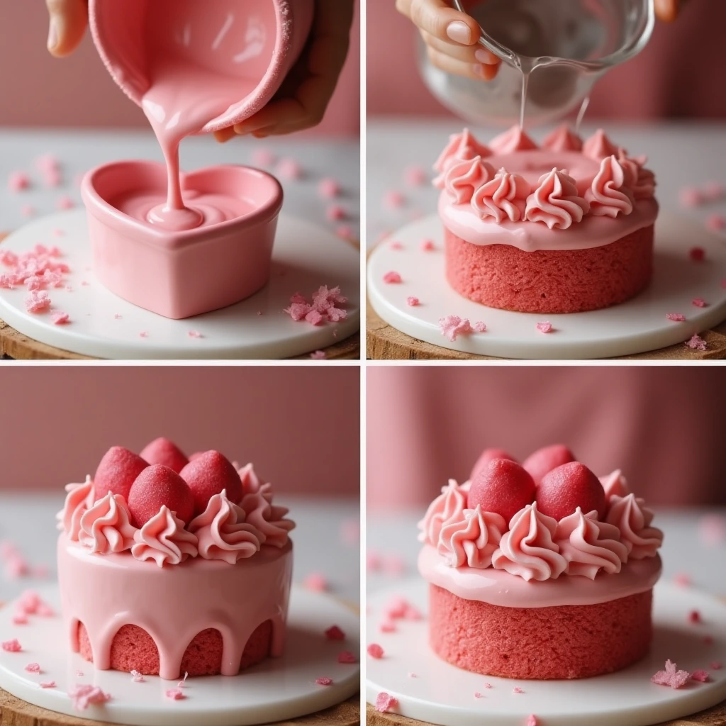 Step-by-step process of making mini heart cakes at home.
