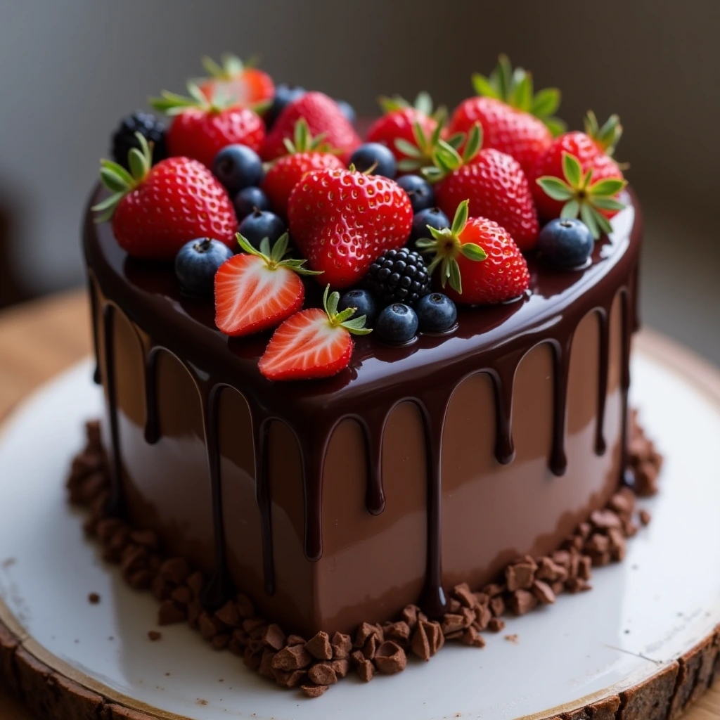 Chocolate heart cake with ganache and berries