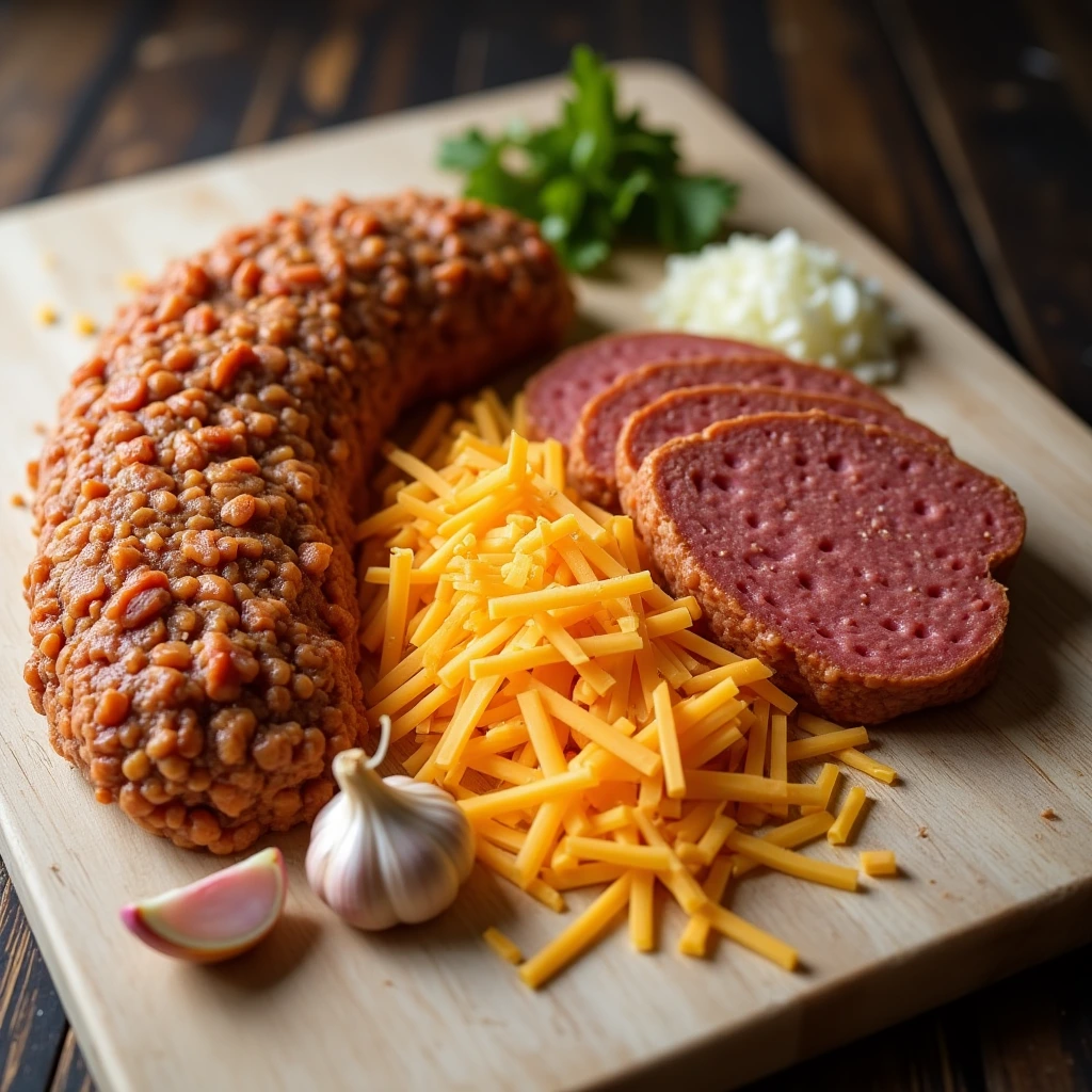 Ingredients for Hanky Panky recipe including sausage, cheese, rye bread, and seasonings.