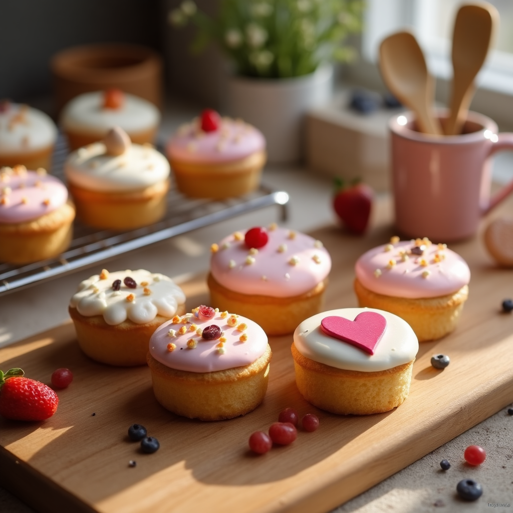 Homemade mini cakes decorated with buttercream and sprinkles on a wooden table