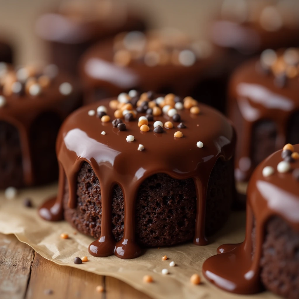 A close-up view of rich chocolate fudge mini cakes topped with a glossy ganache