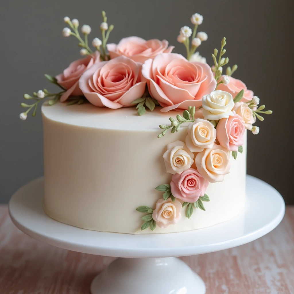 Heart-shaped cake decorated with fondant and colorful sugar flowers
