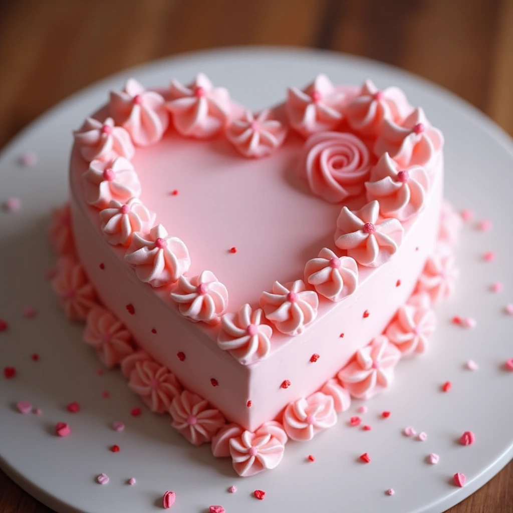 Heart-shaped cake with elegant pink frosting and intricate piping decorations