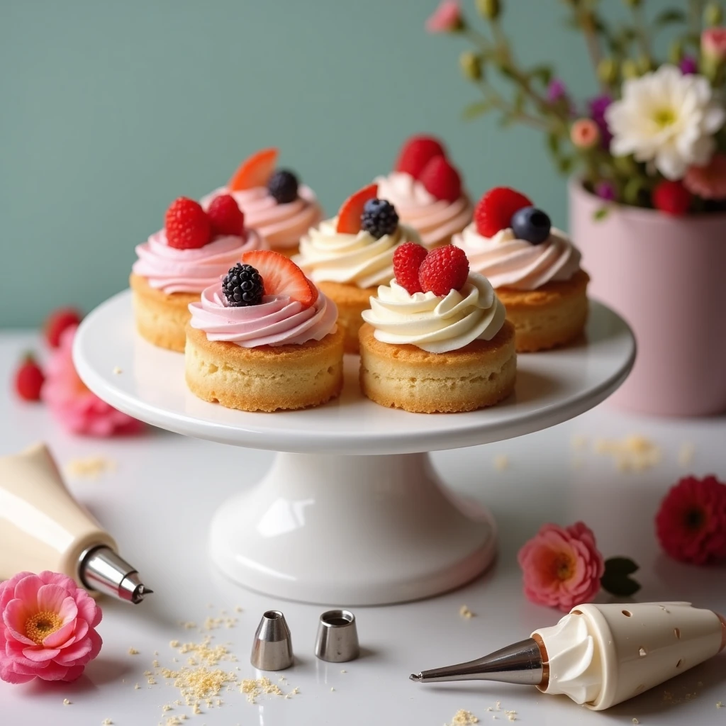 A beautiful cake stand with decorated mini cakes surrounded by piping tools and fresh ingredients