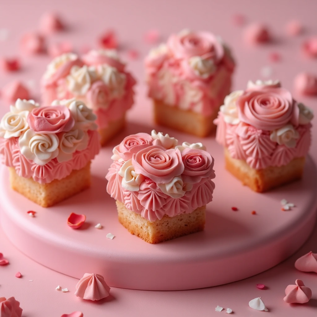 Mini heart cakes decorated with delicate buttercream rosettes and swirls.