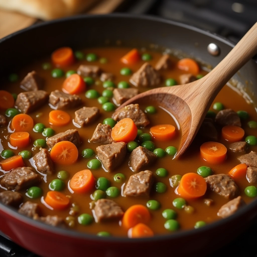 Preparing beef pot pie filling with diced beef, carrots, peas, and rich gravy cooking in a pan.