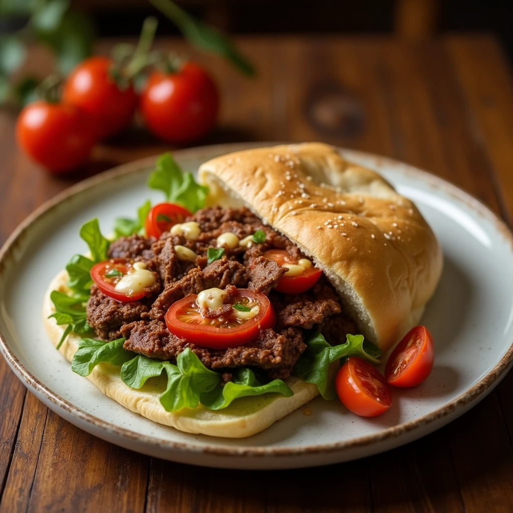 Shaved beef sandwich with fresh greens and melted cheese on rustic table