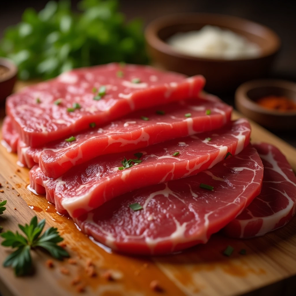 Thinly sliced shaved beef on a wooden cutting board with herbs and spices