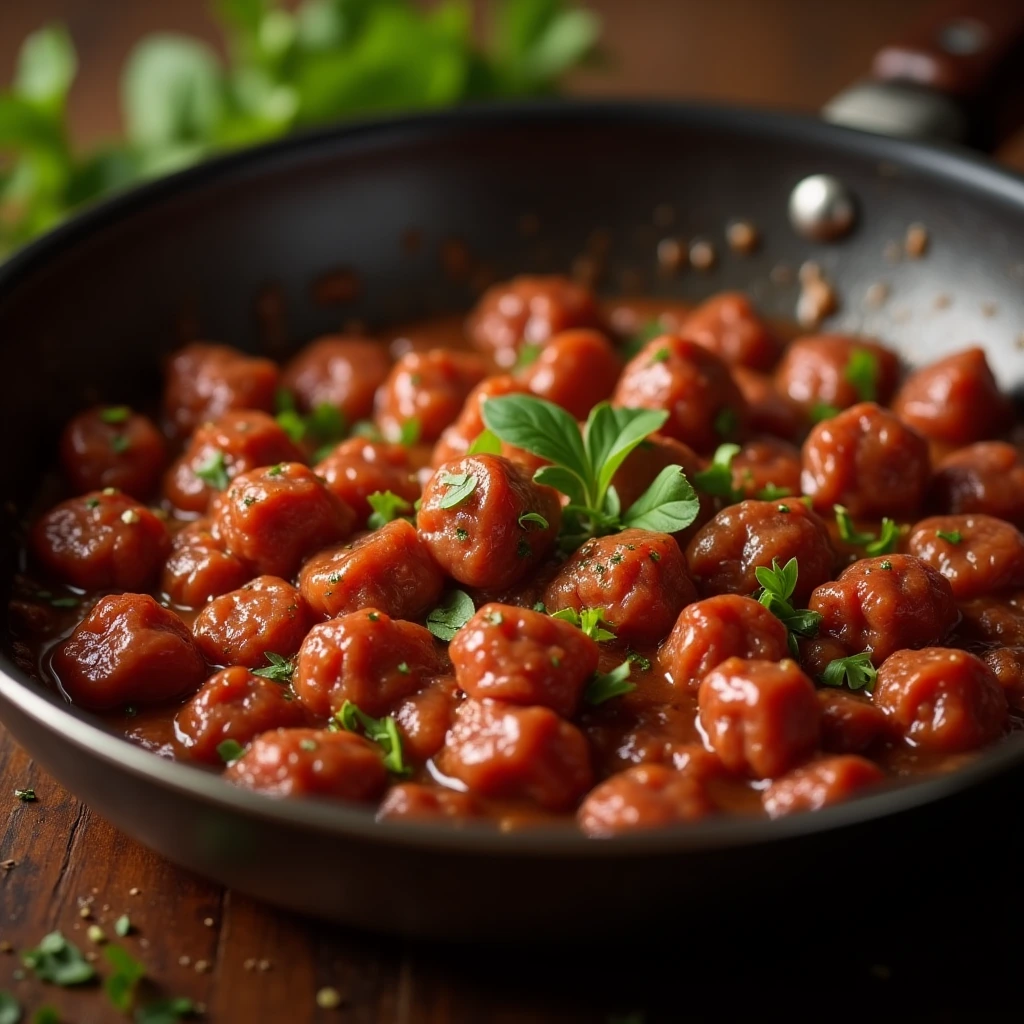 Sizzling beef mince cooking in a pan with fresh herbs and spices