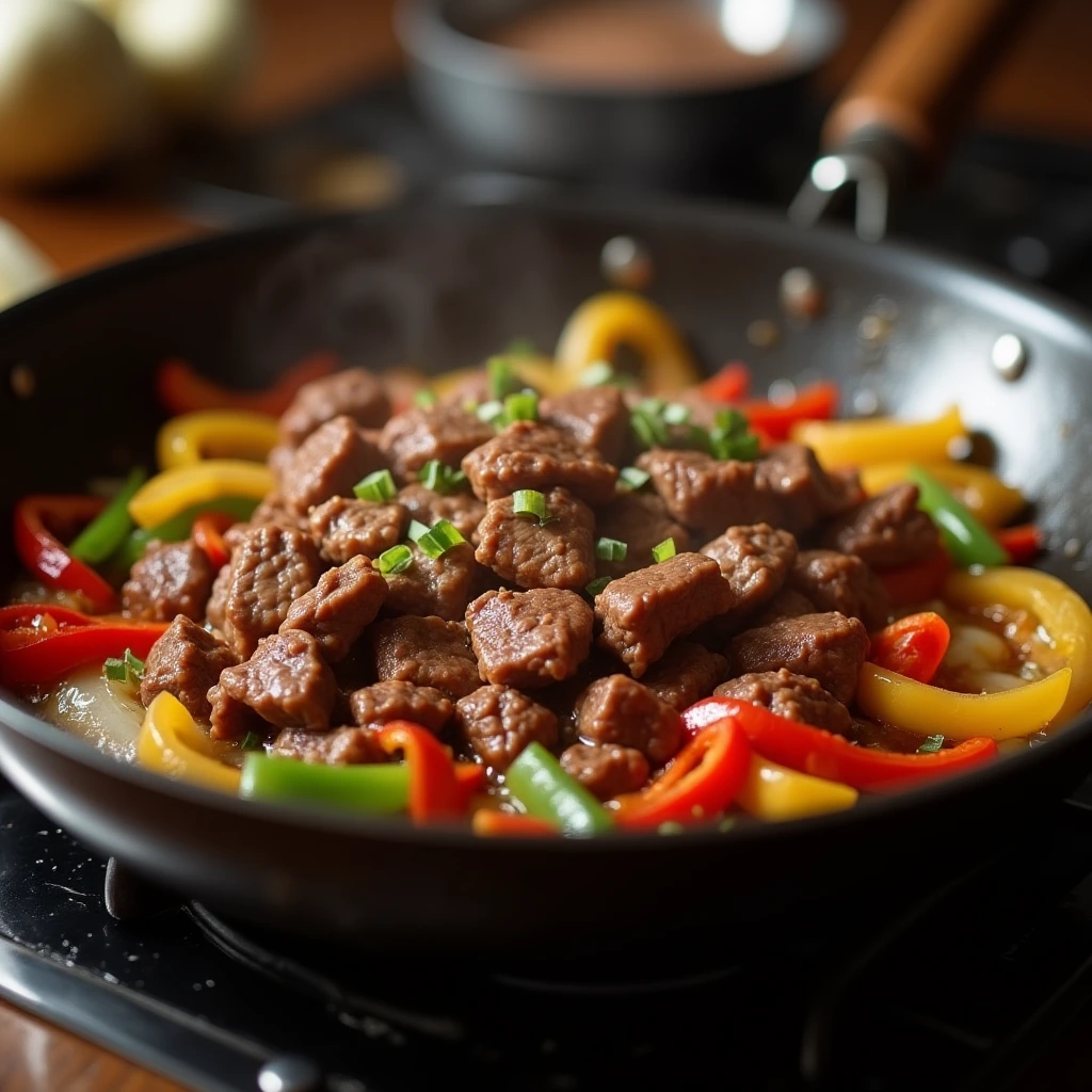 Shaved beef stir-frying in a skillet with colorful vegetables