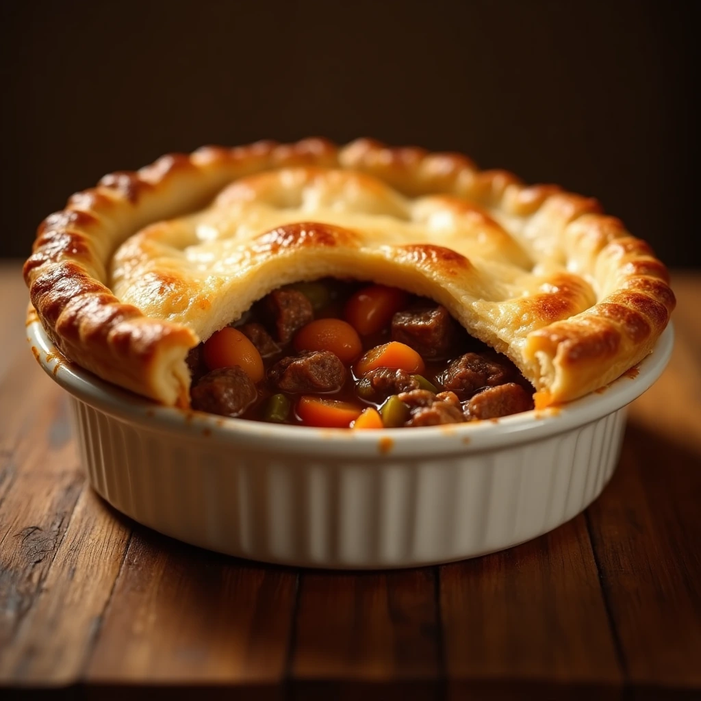 Close-up of a homemade beef pot pie with a golden flaky crust and bubbling savory filling inside.