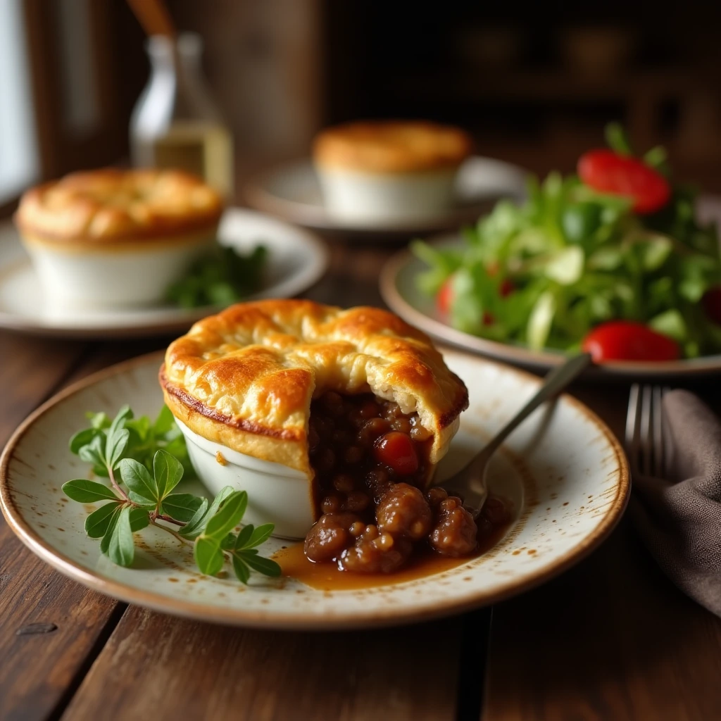 Individual beef pot pies served with fresh green salad and garnished with herbs on a rustic wooden table.